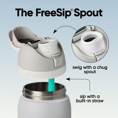 Owala FreeSip lid closeup featuring push-button and lock for spill-resistant convenience