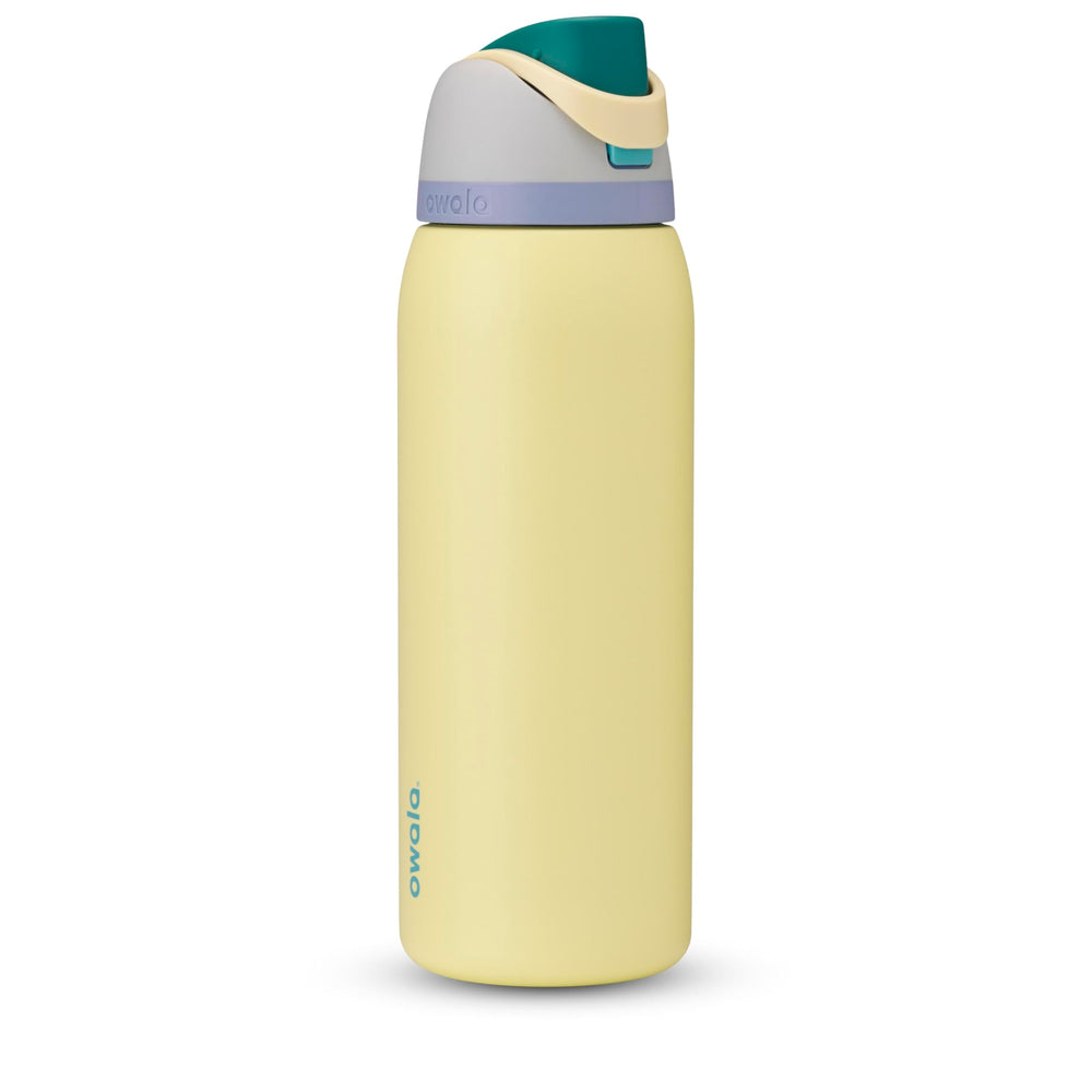 Owala FreeSip front view showing grey and yellow finish and 40 oz capacity for visibility
