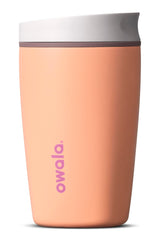 Owala SmoothSip front view showing Peachy Keen tumbler and leakproof lid benefit