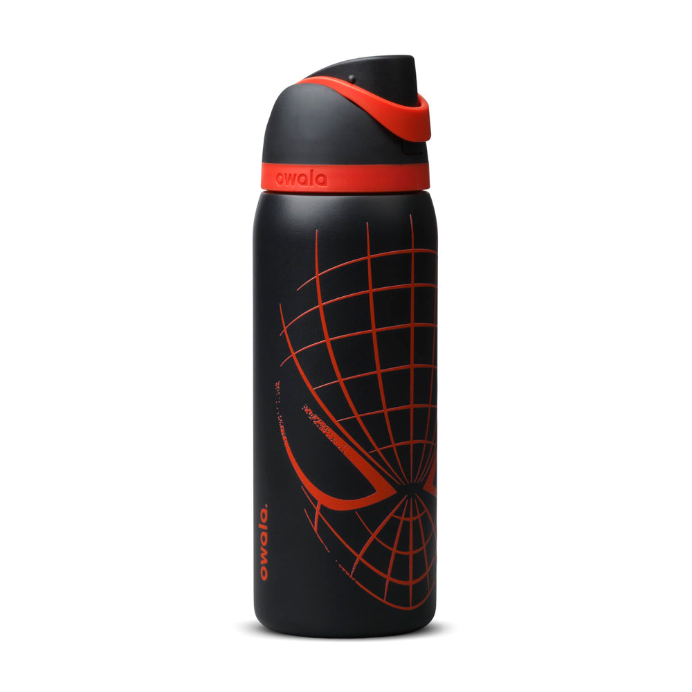 Owala Spider-Man bottle front view showing design and capacity benefits
