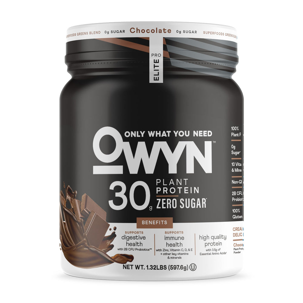 OWYN Pro Elite front packaging showing serving count and chocolate benefit