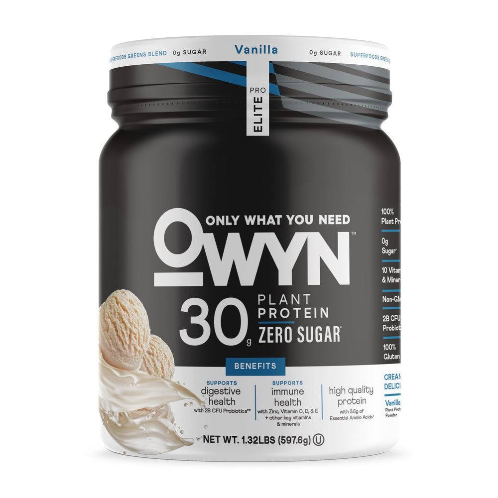 OWYN Pro Elite front packaging showing vanilla flavor and clean ingredients
