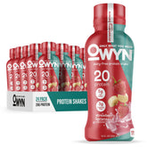 OWYN bottle front packaging showing strawberry banana flavor and benefits