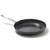 OXO front view of 12-inch skillet showing flat cooking surface and black finish benefiting even cooking