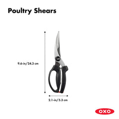 Close-up of OXO stainless-steel blades highlighting sharp tapered edge for precise poultry trimming