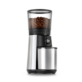 OXO front view of grinder showing stainless steel finish and compact footprint for countertop