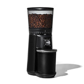 OXO Brew front view showing matte black grinder and easy one-touch operation benefit