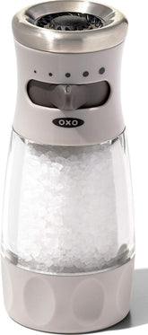 OXO contoured salt grinder front view showing sleek design and easy refill benefit