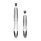 OXO two-piece tongs front view showing set and stainless finish for versatile cooking
