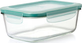 OXO Good Grips glass rectangle container front view showing clear borosilicate glass and lid benefits durable storage