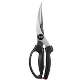 OXO Good Grips front view of black spring-loaded poultry shears showing overall shape and design, durable performance