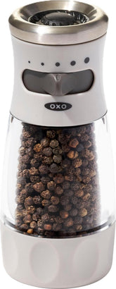 OXO front view of pepper grinder showing sleek design and ready-to-use benefit