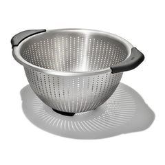 OXO Good Grips strainer front view showing durable stainless steel and capacity benefit