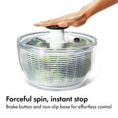 OXO instant brake button detail, stops basket immediately for safe unloading