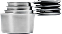 OXO Good Grips front view showing four stainless steel measuring cups and compact storage benefit