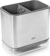 OXO stainless steel caddy front view shows organized sink area and durable design