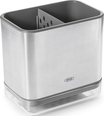 OXO stainless steel caddy front view shows organized sink area and durable design