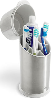 OXO stainless toothbrush holder front view showing neat storage benefit