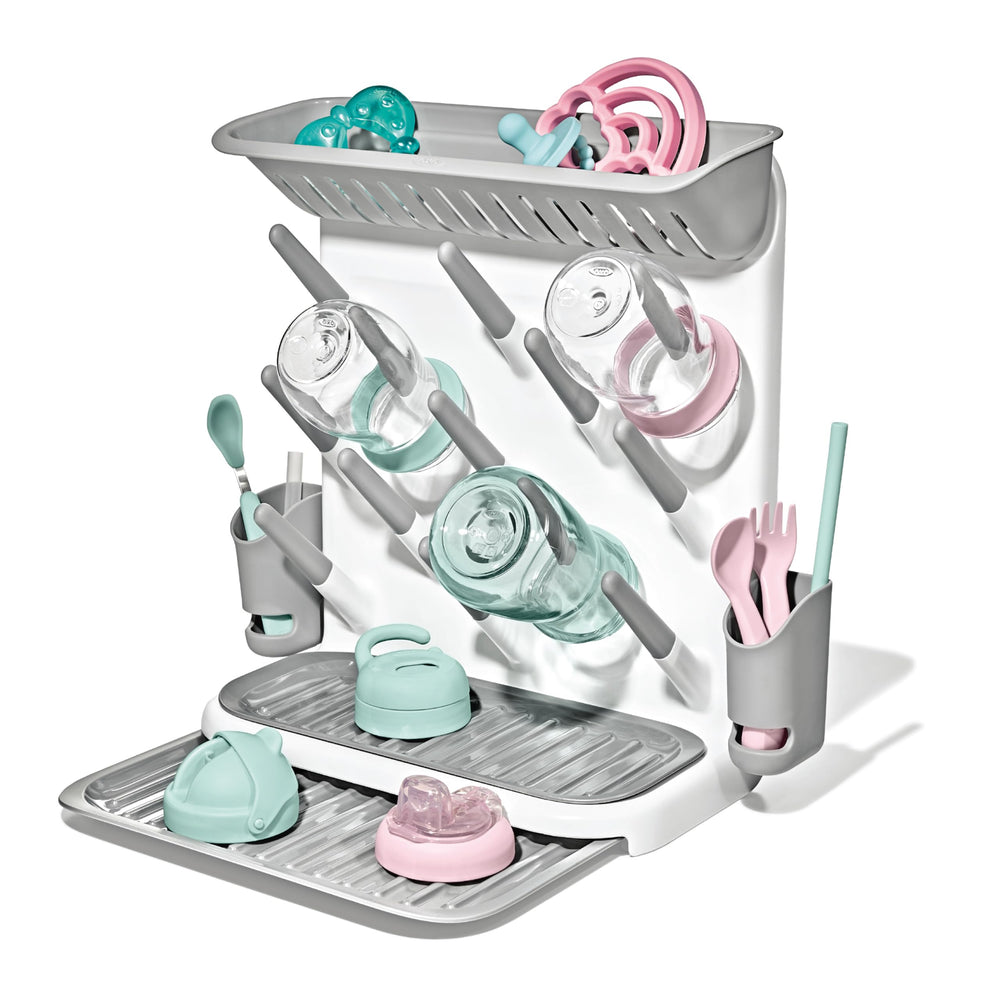 OXO Tot drying rack front view showing compact organization benefit
