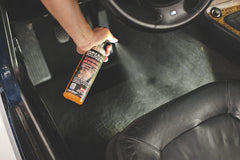 P & S Carpet Bomber being sprayed on car upholstery for fast stain removal