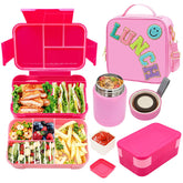 PainZieteg front view of pink lunch set showing all three pieces and easy organization