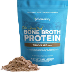 Paleovalley front packaging showing chocolate bone broth protein benefit: clean sourcing