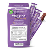 Paleovalley front packaging showing garlic summer sausage flavor and travel-friendly benefit