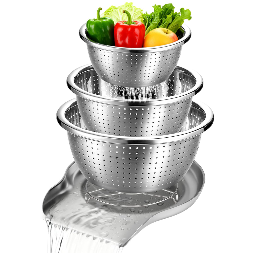 Palksky front view of three stainless steel colanders on countertop showing space-saving benefit