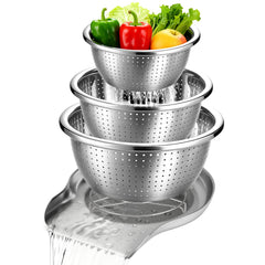 Palksky front view of three stainless steel colanders on countertop showing space-saving benefit