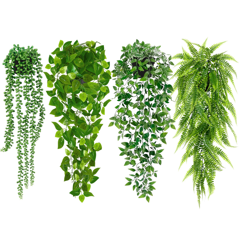 Palonu front view of four potted artificial hanging plants, quick decor upgrade