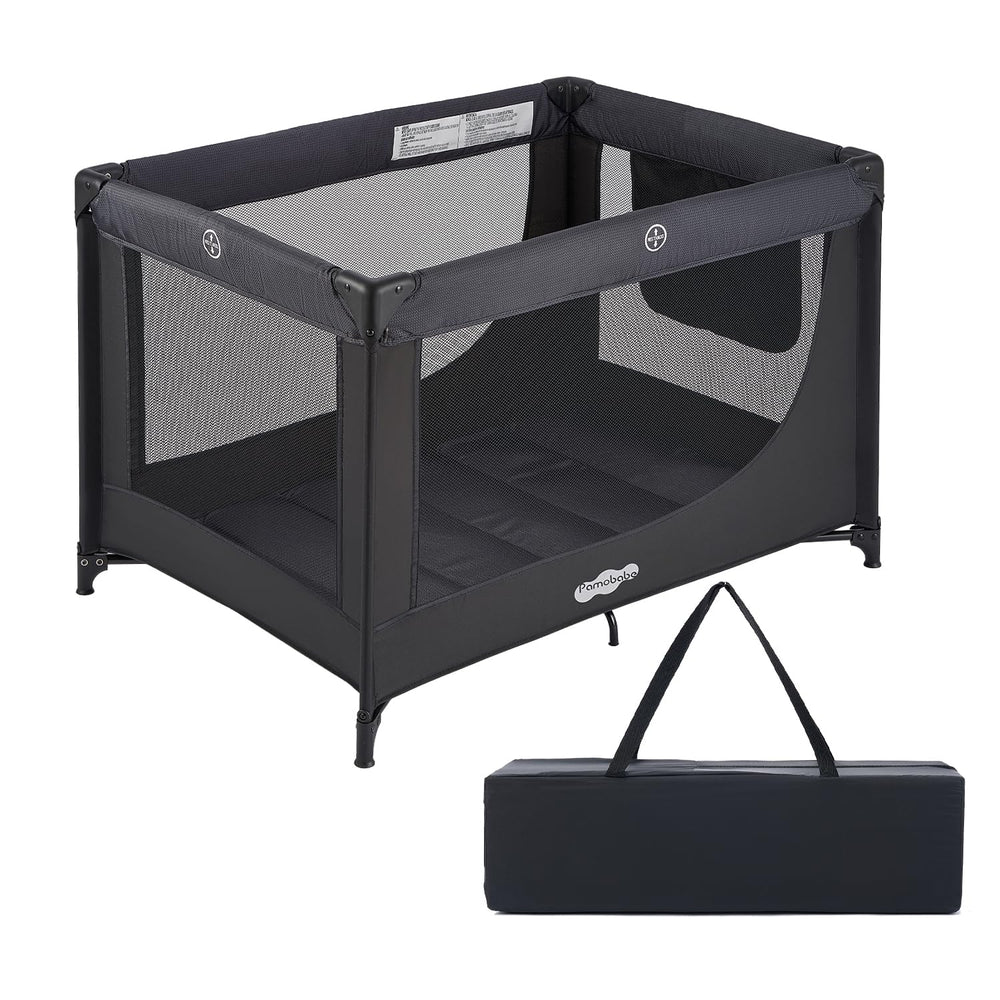 Pamo Babe front view of black playard showing modern design and portability benefit