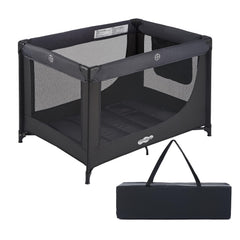Pamo Babe front view of black playard showing modern design and portability benefit