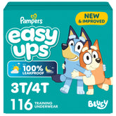 Pampers Easy Ups front pack showing Bluey design and count, motivates independent pulling