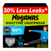 Pampers Ninjamas front pack showing product count and size L benefit of clear selection