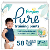 Pampers front packaging showing 58-count training pants and clear branding benefits