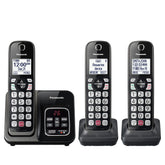 Panasonic front view showing three-handset system and base, convenient home communication