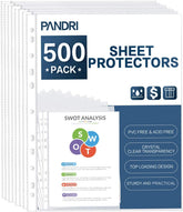 PANDRI front packaging showing 500 sheet protectors and clear sleeves benefit clarity