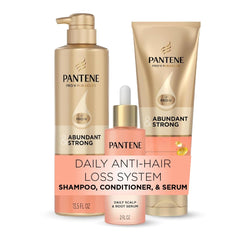 Pantene front packaging of Abundant & Strong regimen showing all three products and benefits