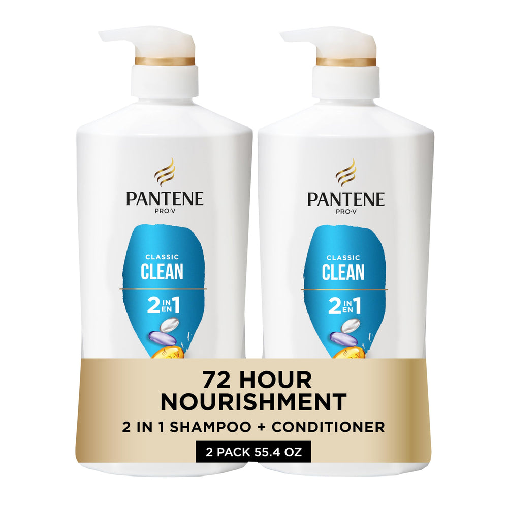 Pantene front packaging showing Pro-V 2-in-1 and benefits
