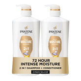Pantene front packaging showing 2-in-1 bottles and twin pack benefit