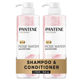 Pantene front packaging showing rose water set and benefit of gentle hydration