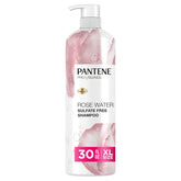 Pantene rose water shampoo front pump bottle shows packaging and ease-of-use benefit