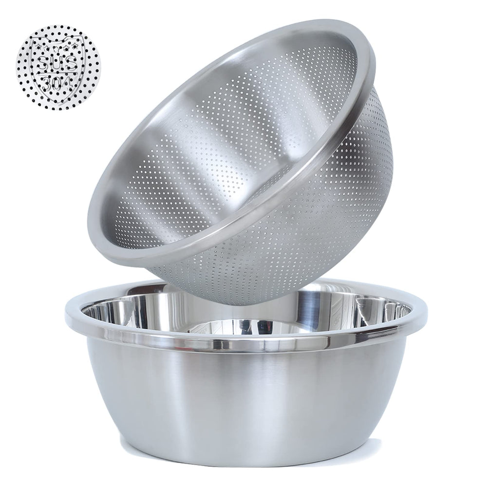 Paoli front view of colander and mixing bowl showing durable stainless-steel construction and nesting benefit