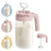 Papablic front view of pink glass pitcher showing label and lid with clear benefit