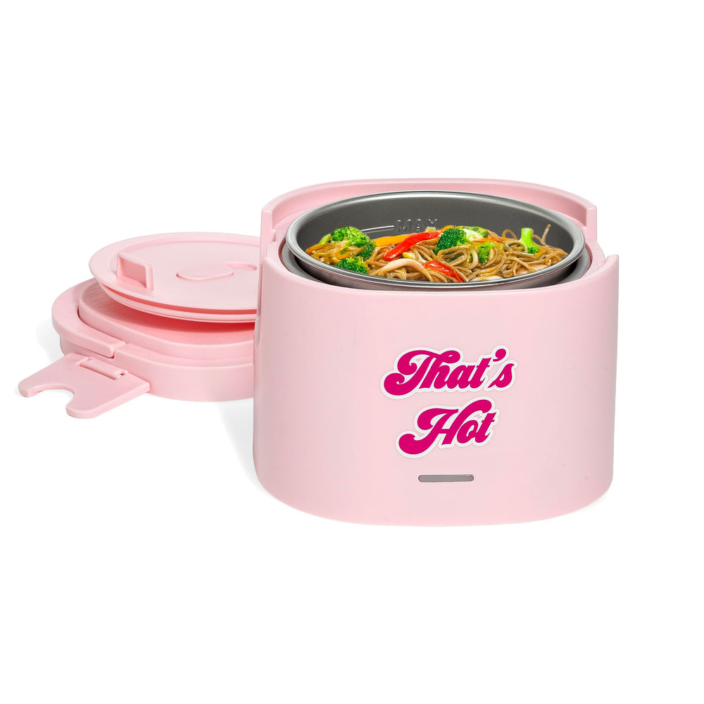 Paris Hilton front view electric lunch warmer showing pink exterior and decal, stylish portability