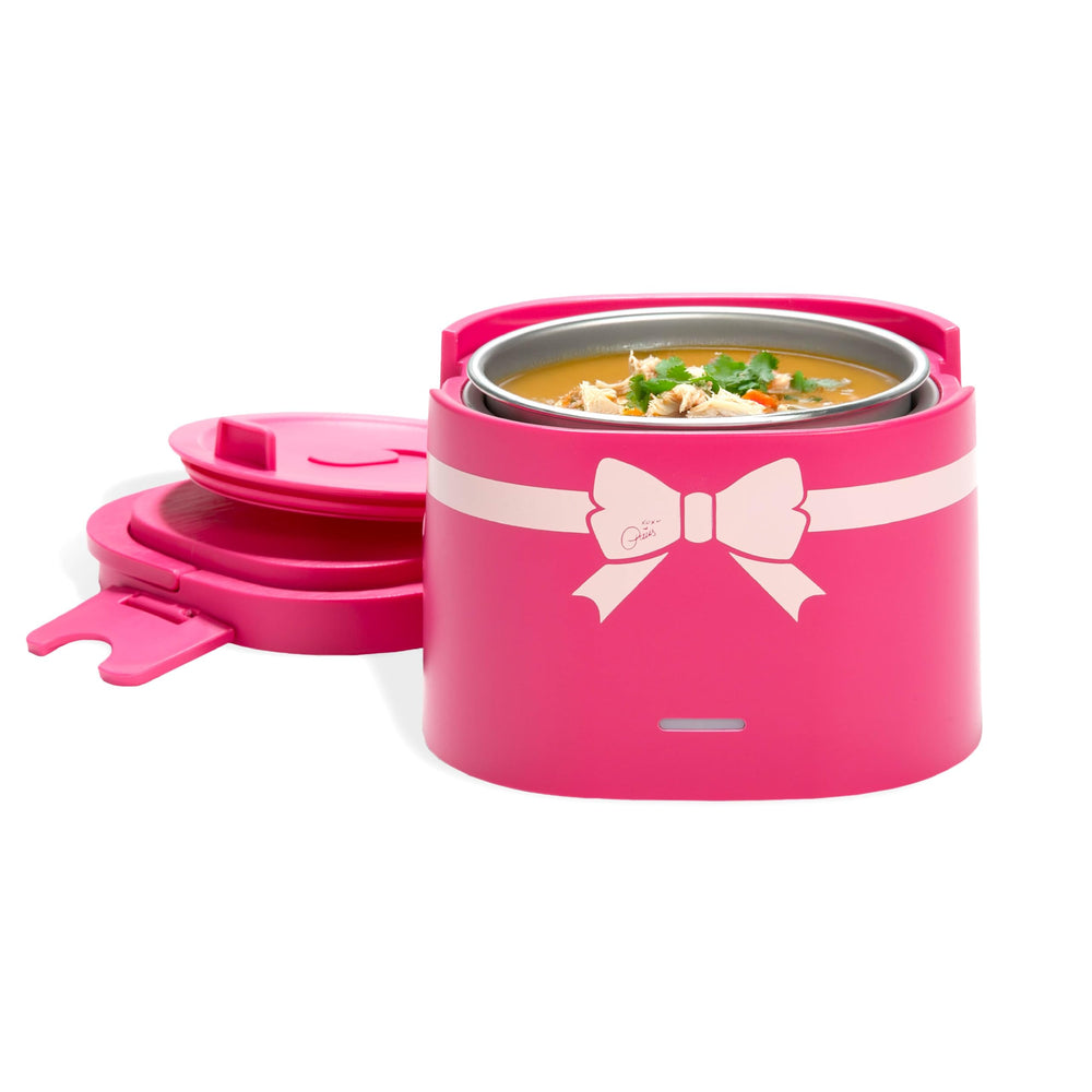 Paris Hilton front view of hot pink electric lunch warmer showing sleek design and easy portability