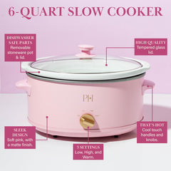 Paris Hilton slow cooker cooking hearty stew in kitchen showing family-size capacity and hands-off cooking benefit