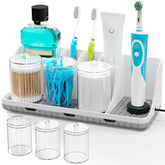 PARKMANI front view of organizer showing upright toothbrush storage and tidy layout