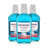 Parodontax front packaging showing three bottles and mint benefit