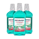 Parodontax front packaging showing three-bottle pack and fresh-breath benefit